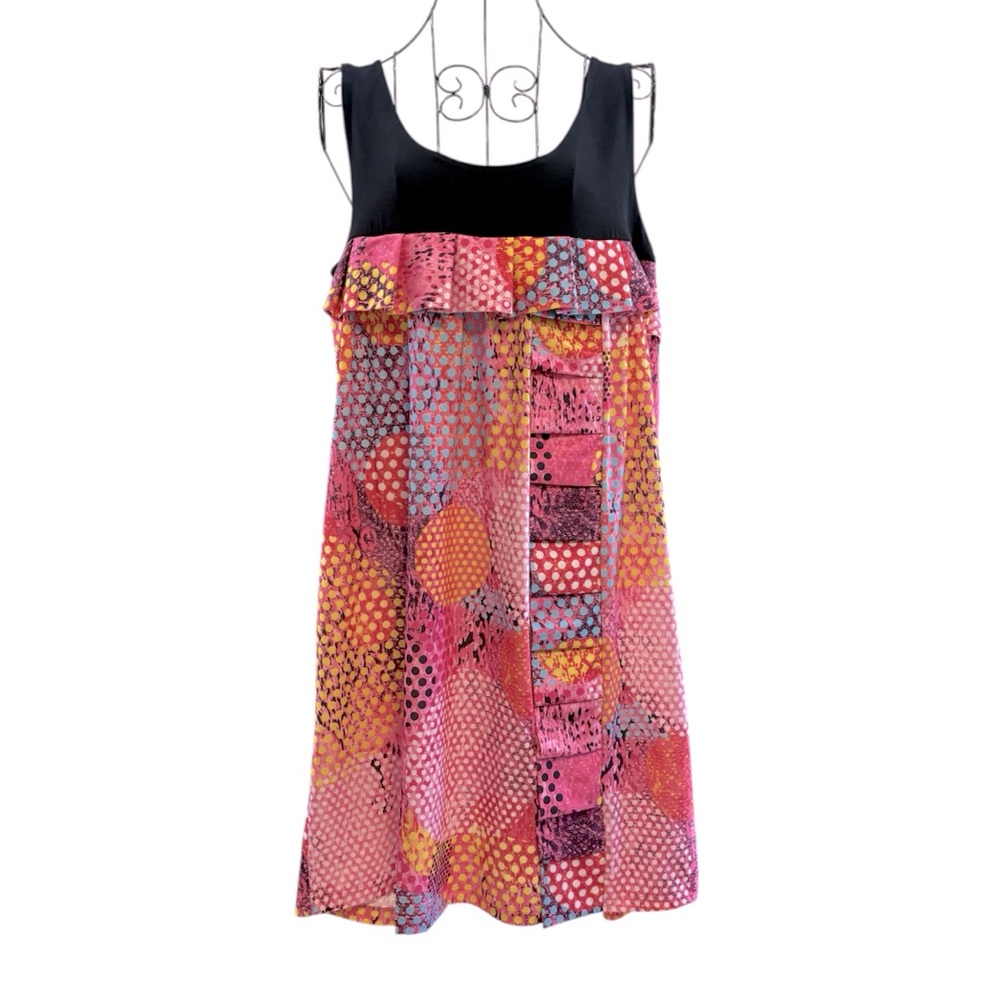 Isle Vibrant Sleeveless Patchwork Dotted Mini Ruffle Dress Size Medium